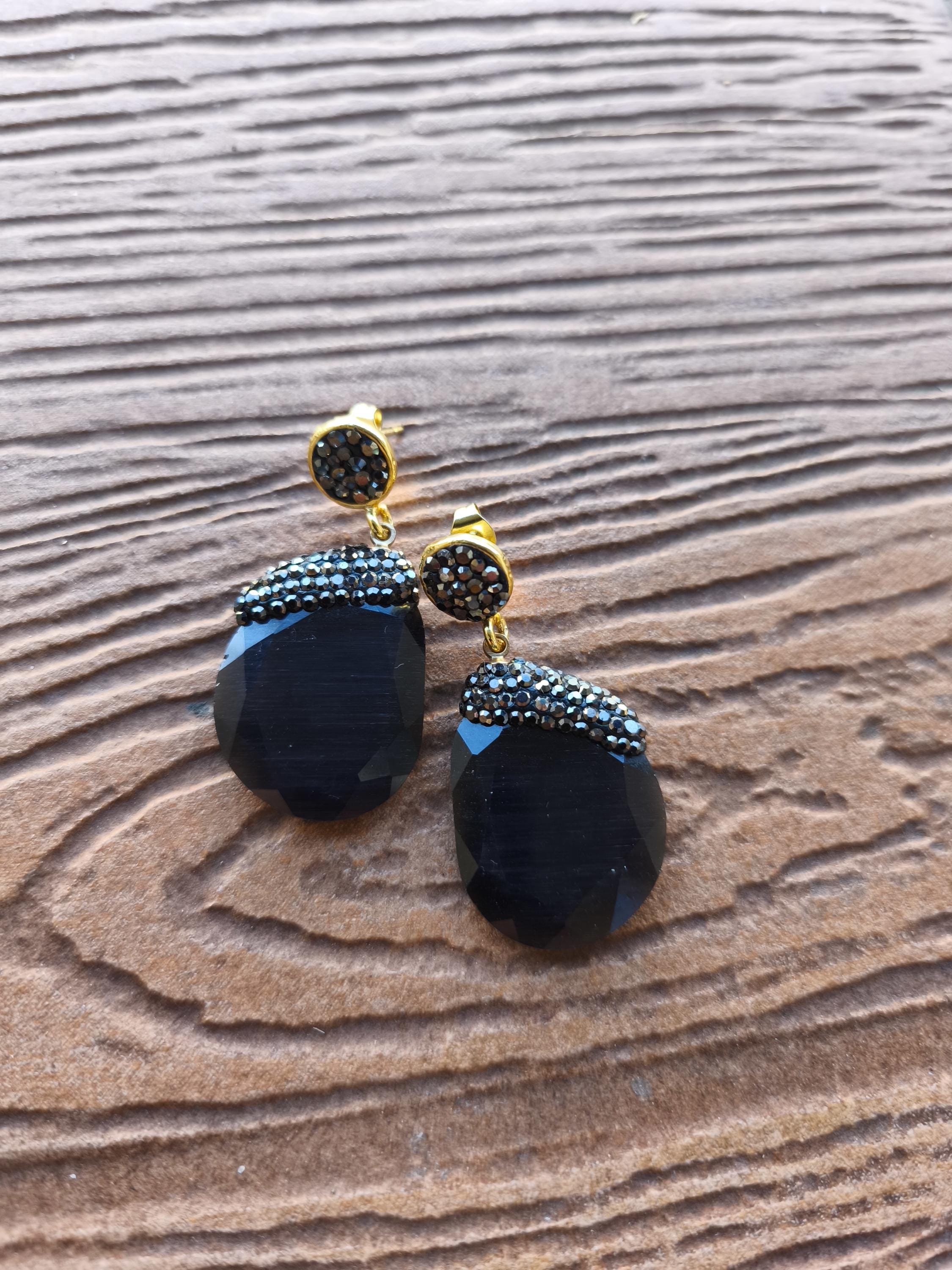 boucles semi précieuse quartz oeil de chat et strass