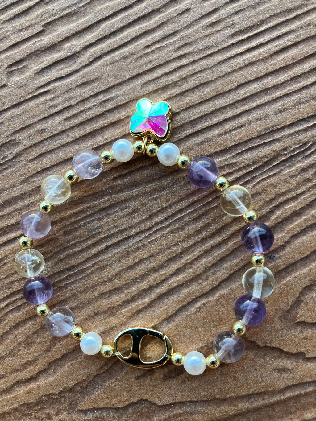 bracelet chic semi précieuse ametrine, plaqué or, cristal AB lustre plaqué or brillant