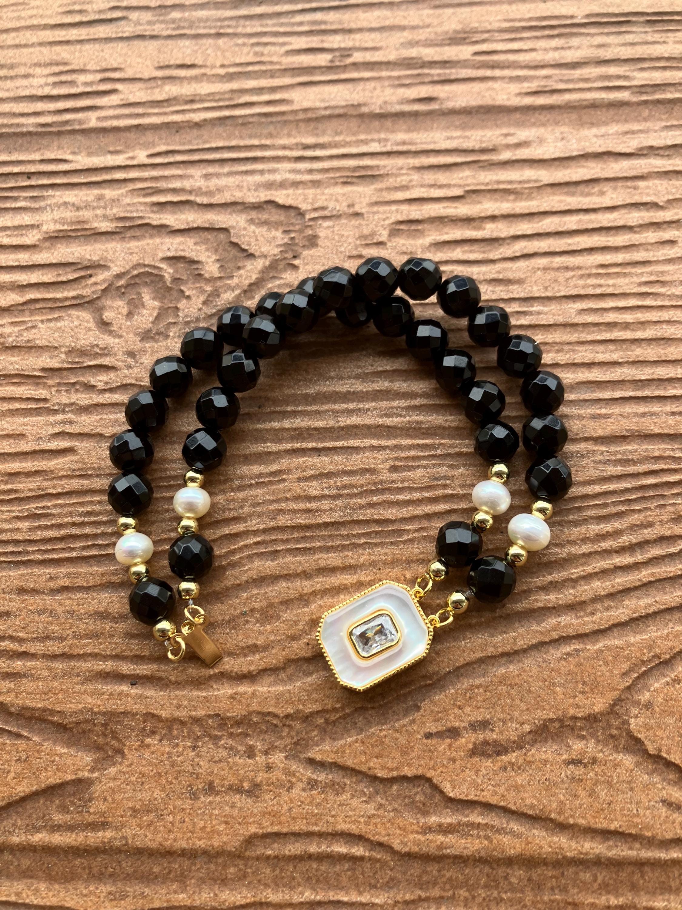 bracelet double rang semi précieuse onyx noir facette, plaqué or, nacre, cristal et perles de culture
