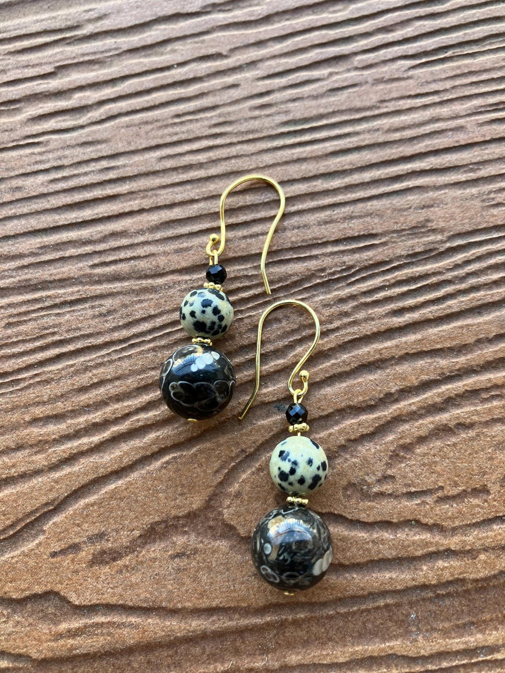 boucles semi précieuse, boucles en jaspe dalmatien, obsidienne flocon de neige café, boucles ethniques