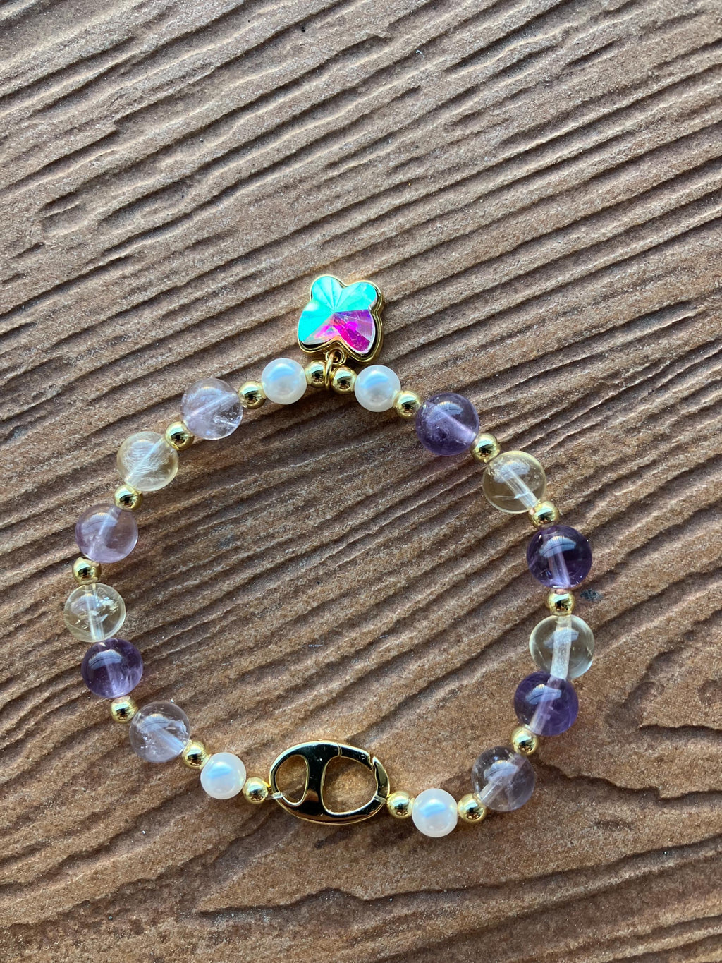 bracelet chic semi précieuse ametrine, plaqué or, cristal AB lustre plaqué or brillant