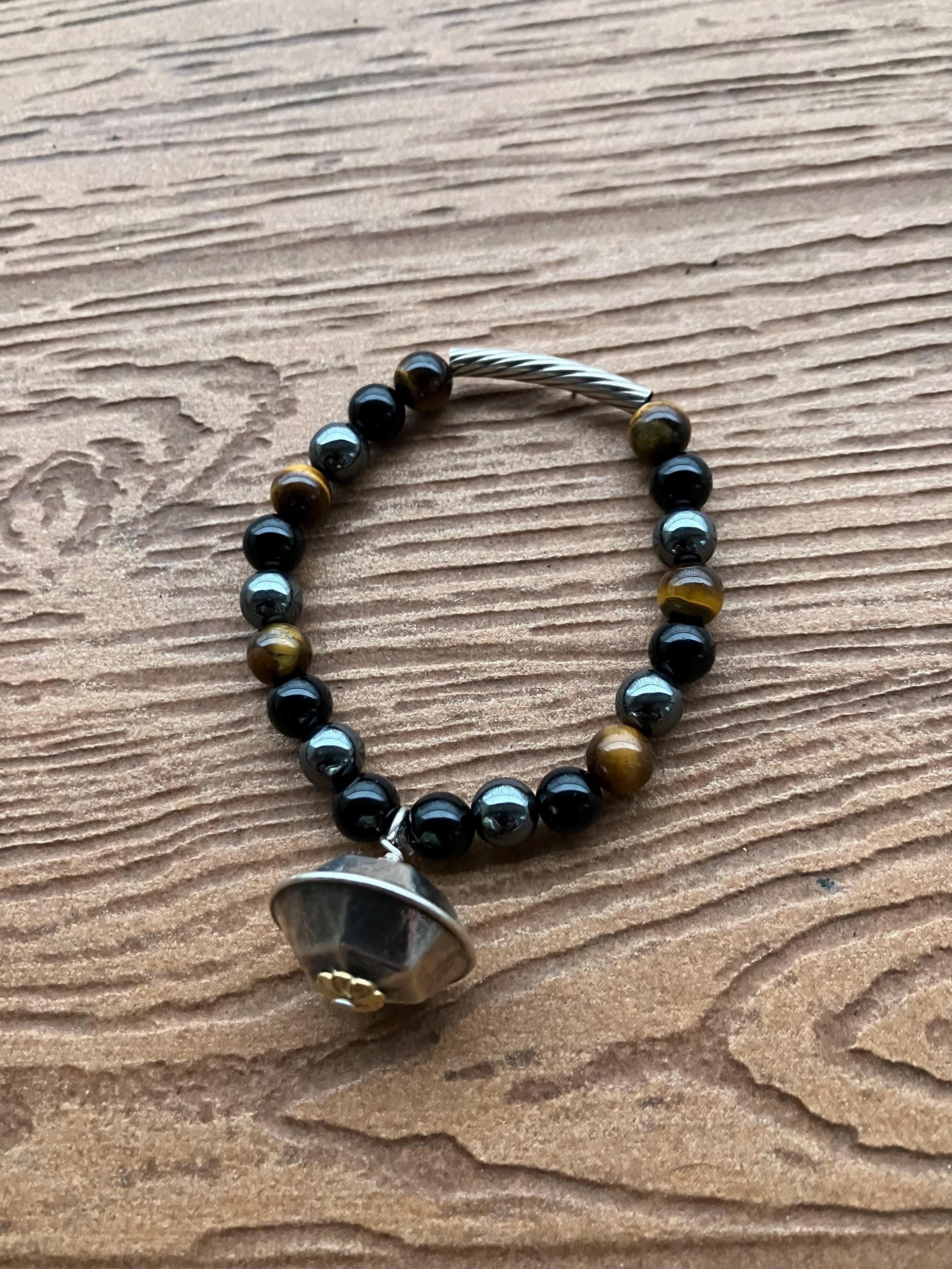 bracelet original en pierres semi précieuse œil de tigre, hématite et onyx noir