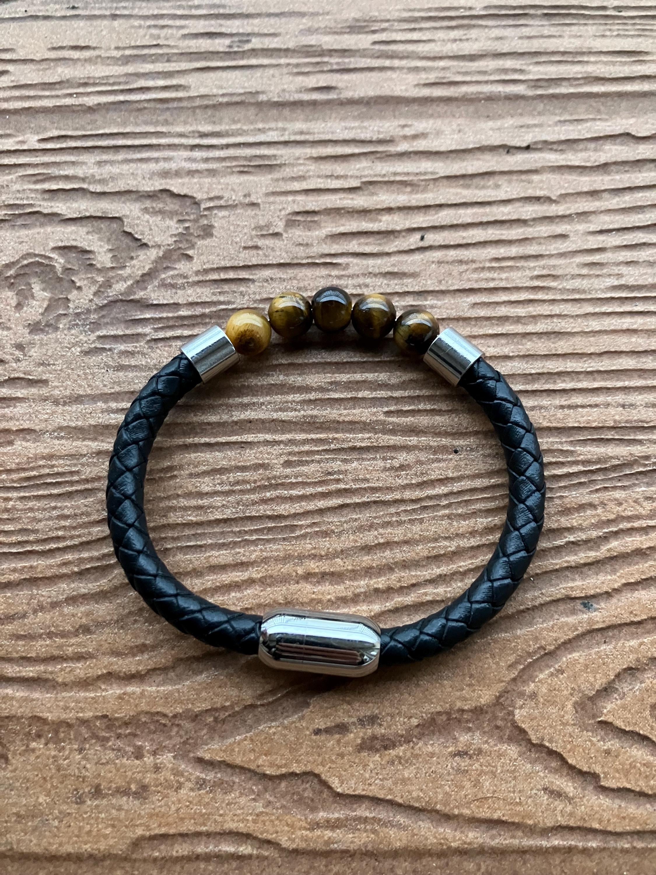 bracelet cuir et semi précieuse œil de tigre