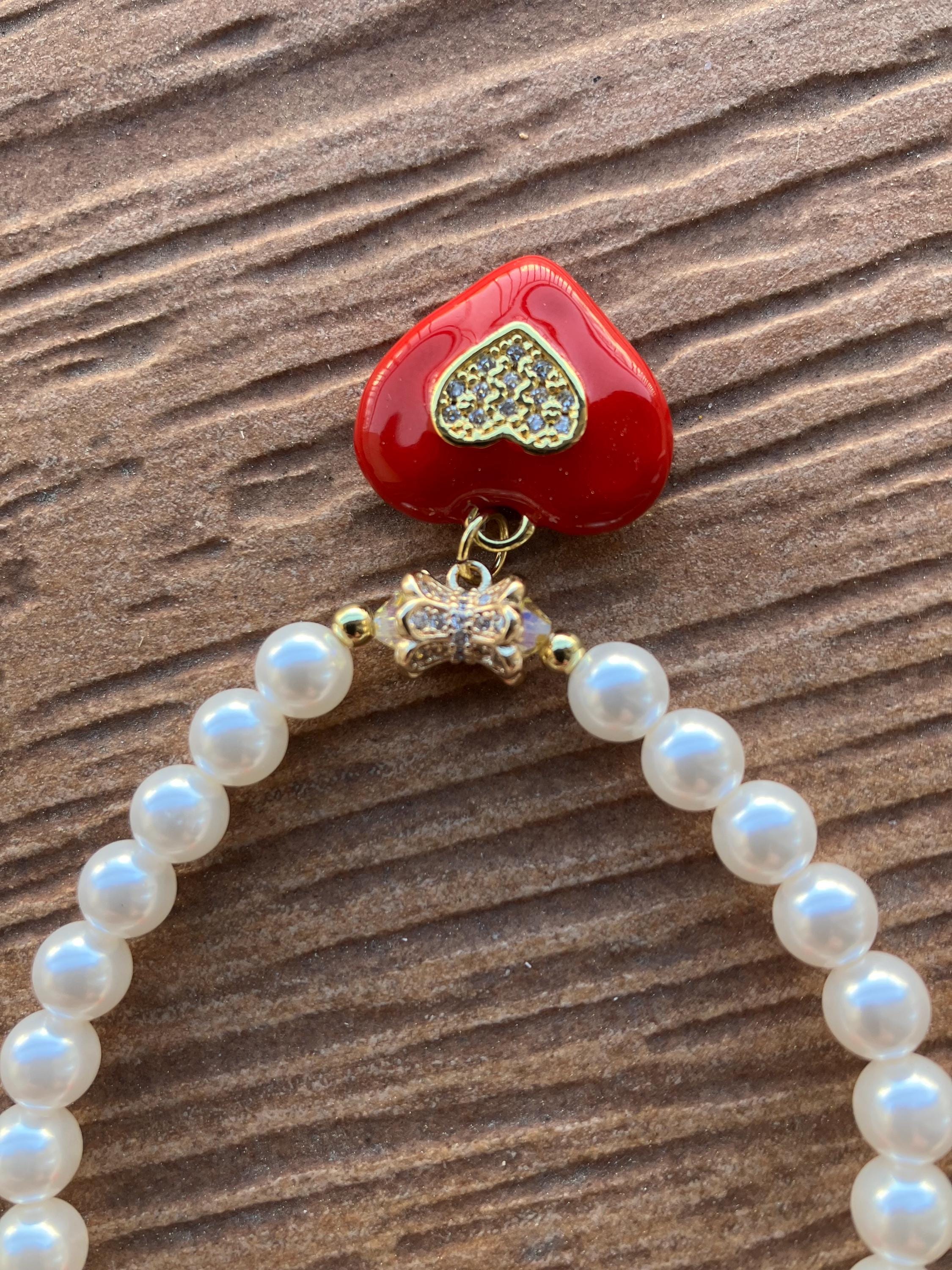 bracelet amour en perles de nacre Swarovski, aurifie et céramique émaillée