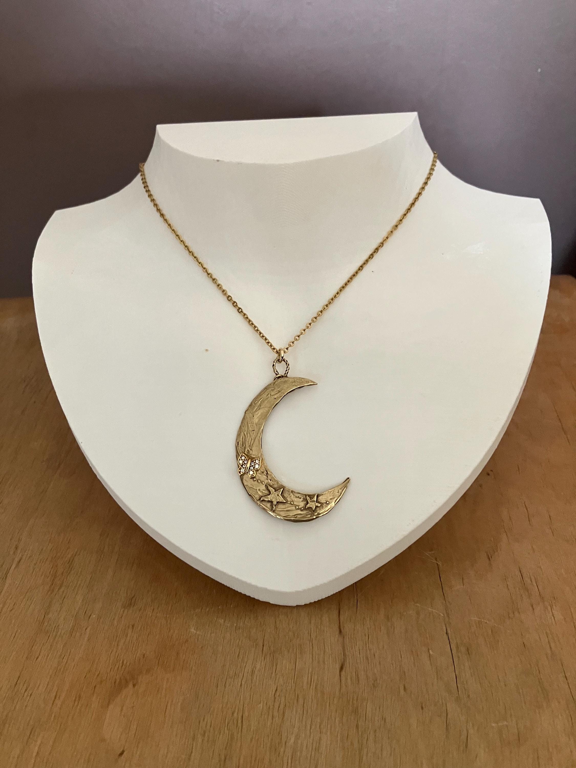 Sautoir, long sautoir moderne, plaqué or 18k avec lune, bronze massif, pierres semi précieuse, ambre de la baltique