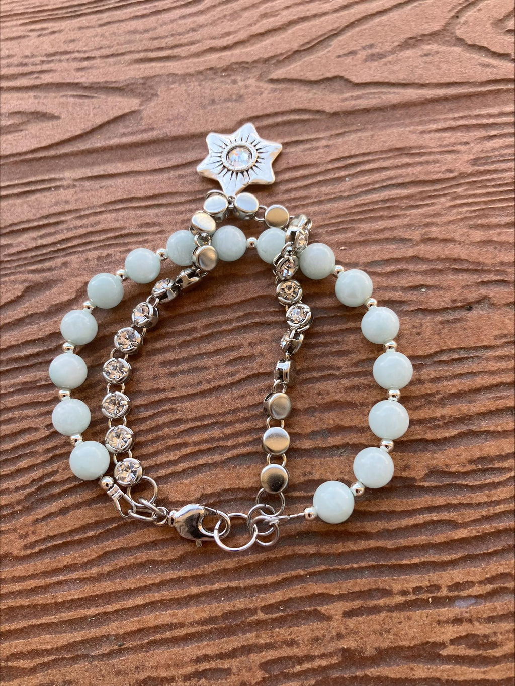 Bracelet semi precieuse, bracelet angelite vert, bracelet chic, bracelet double rang strass, fête des mères