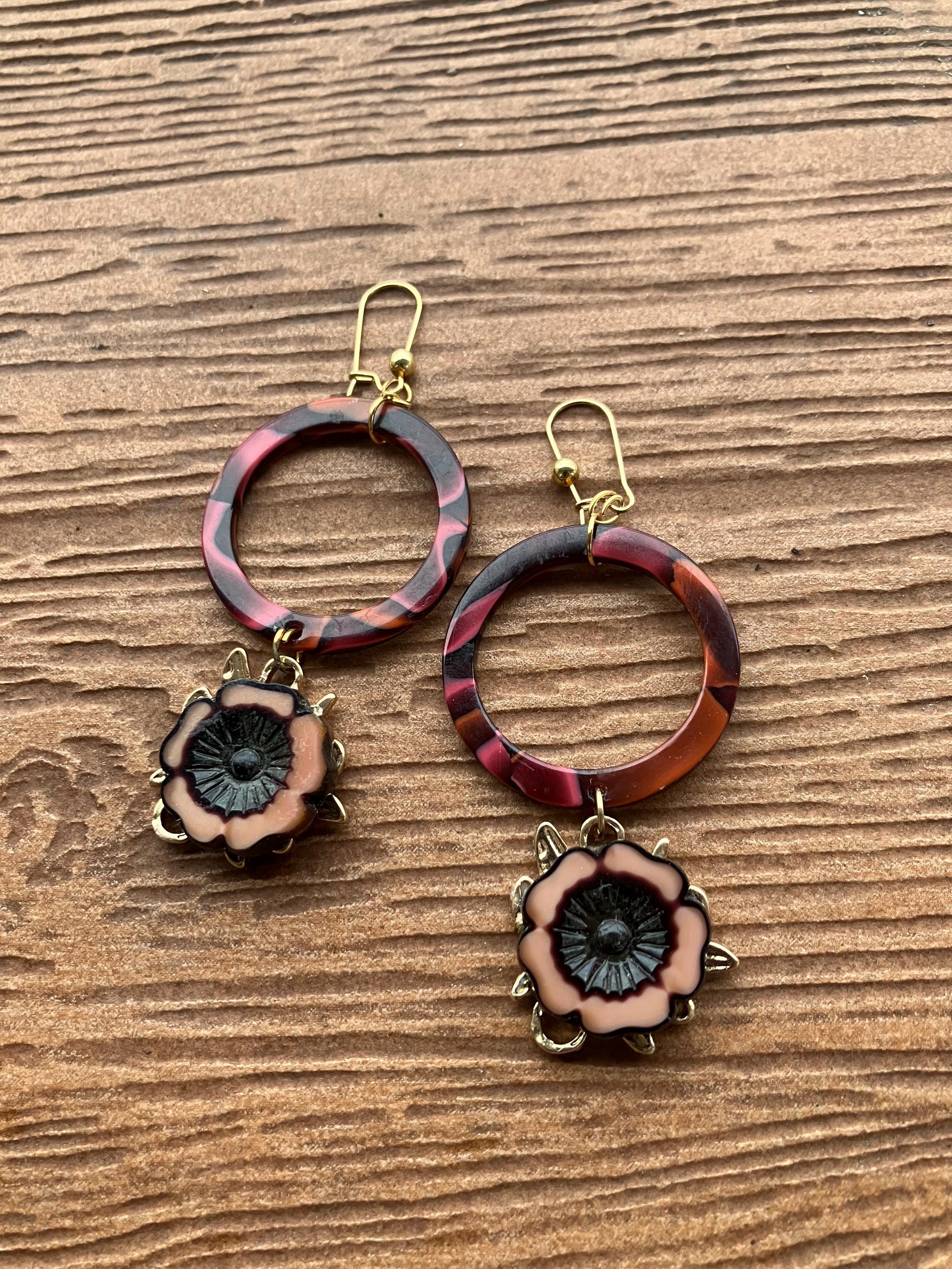 boucles créole artistiques hivernales romantiques en résine acétate et verre Picasso tchèque, boucles originales, anneaux