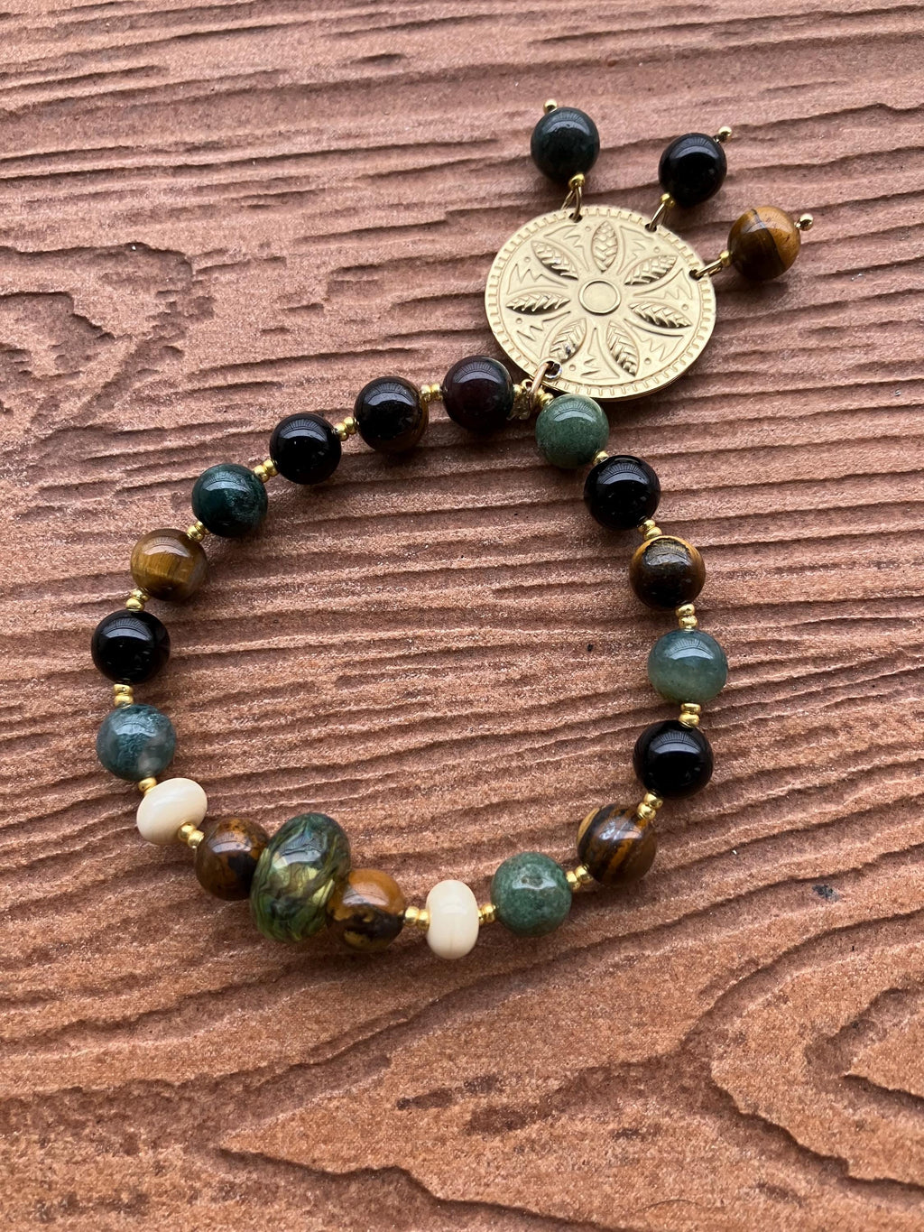 bracelet original perles semi précieuse onyx noir, œil de tigre, agate tibétaine