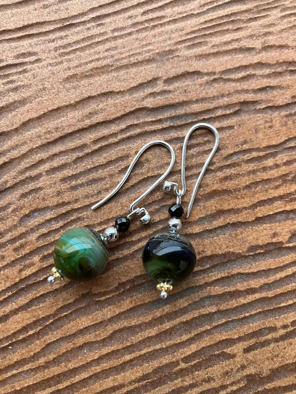 boucles, boucles classiques argent 925, verre filé d art, onyx, bleu, vert, noir